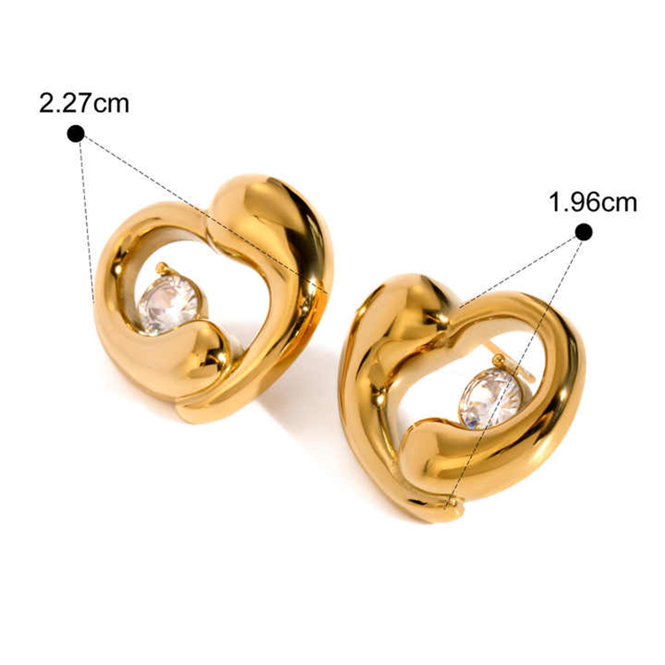 Gold heart-shaped earrings with embedded stones, shown on a white background with measurements indicated.