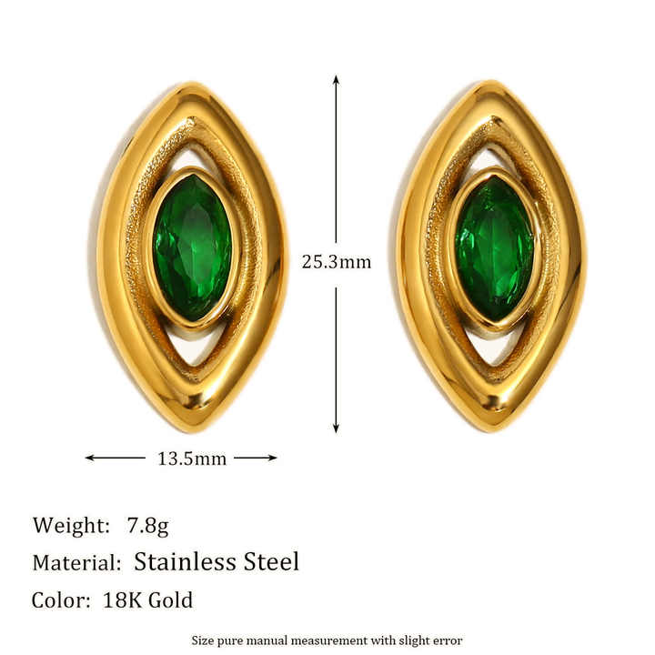 Gold earrings with green gemstones and measurements on a white background
