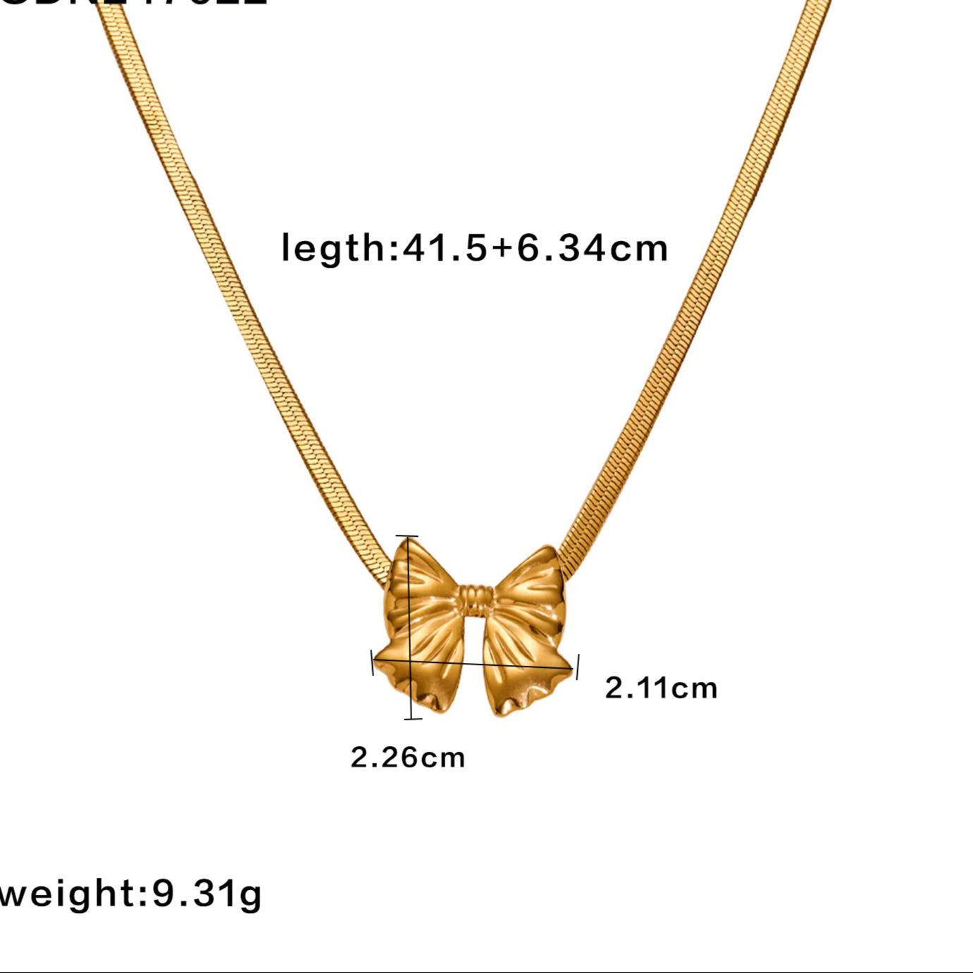 Gold necklace with a bow pendant, showing measurements 