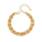 A gold  chain bracelet featuring a textured woven design and an adjustable link clasp for a fit.