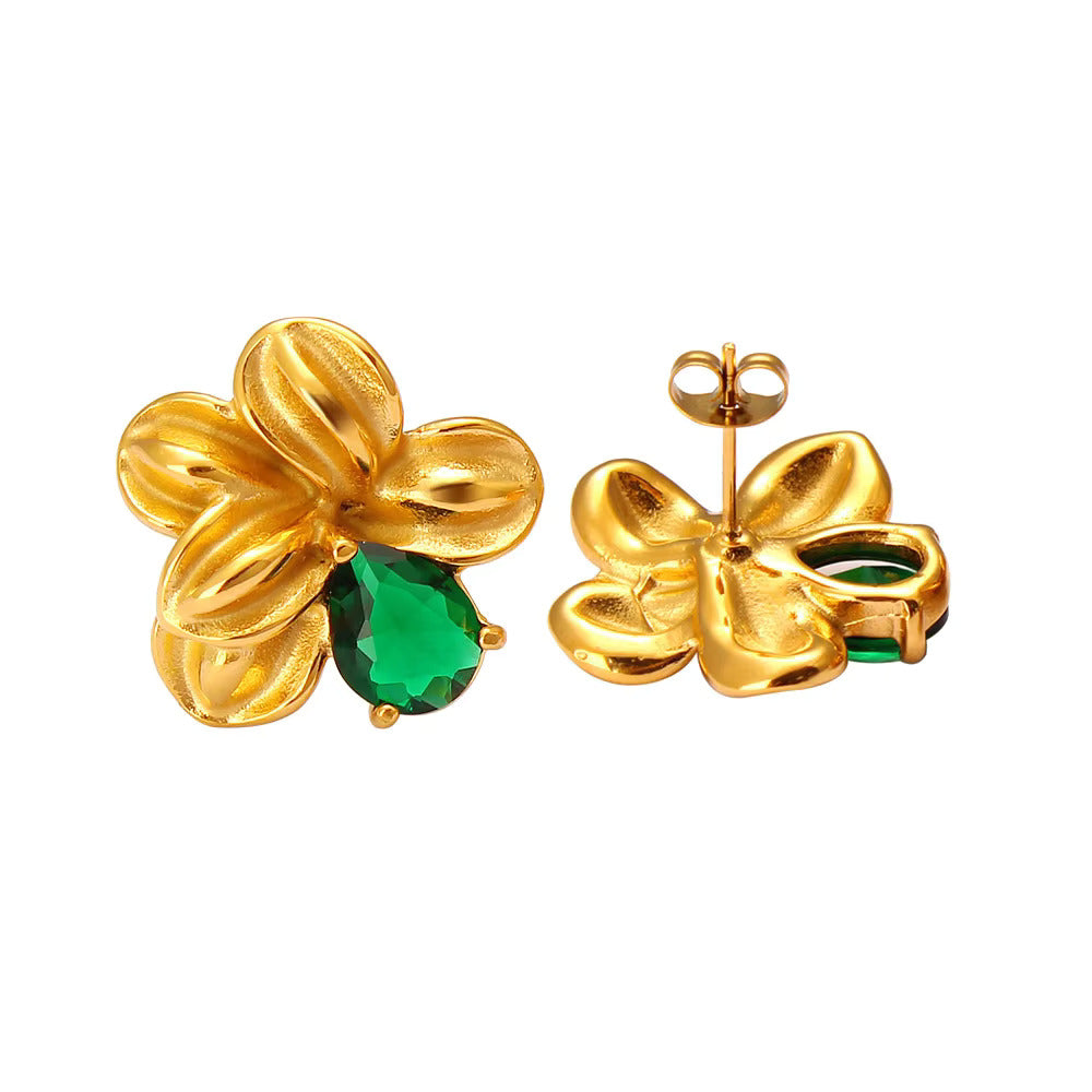 Gold flower-shaped earrings with green gemstones 
