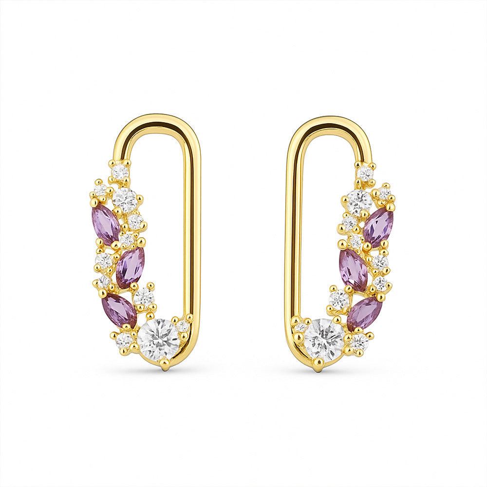gold plated u shaped earrings with purple marquise crystals and white stones for women