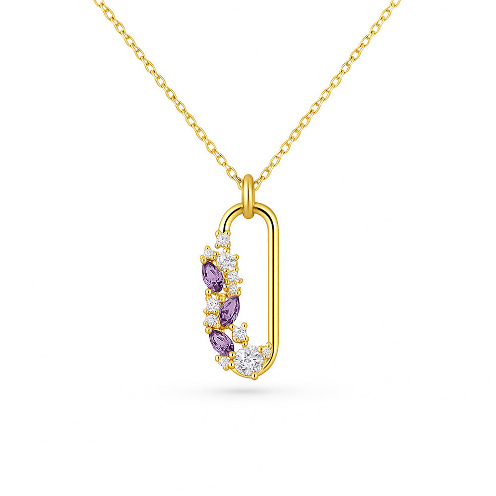 gold plated u shaped pendant necklace with purple marquise crystals and white stones for women
