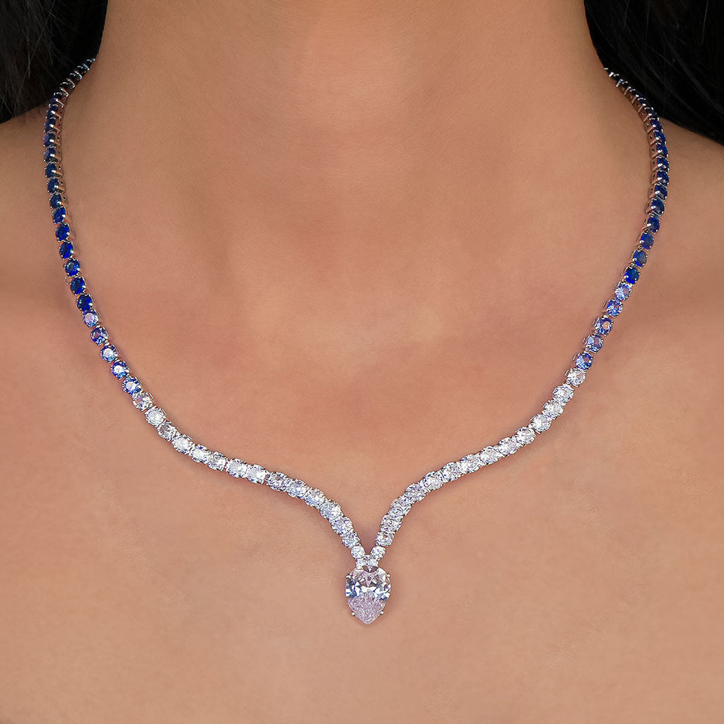 Blue Sapphire Diamond V-Curve Necklace For Women