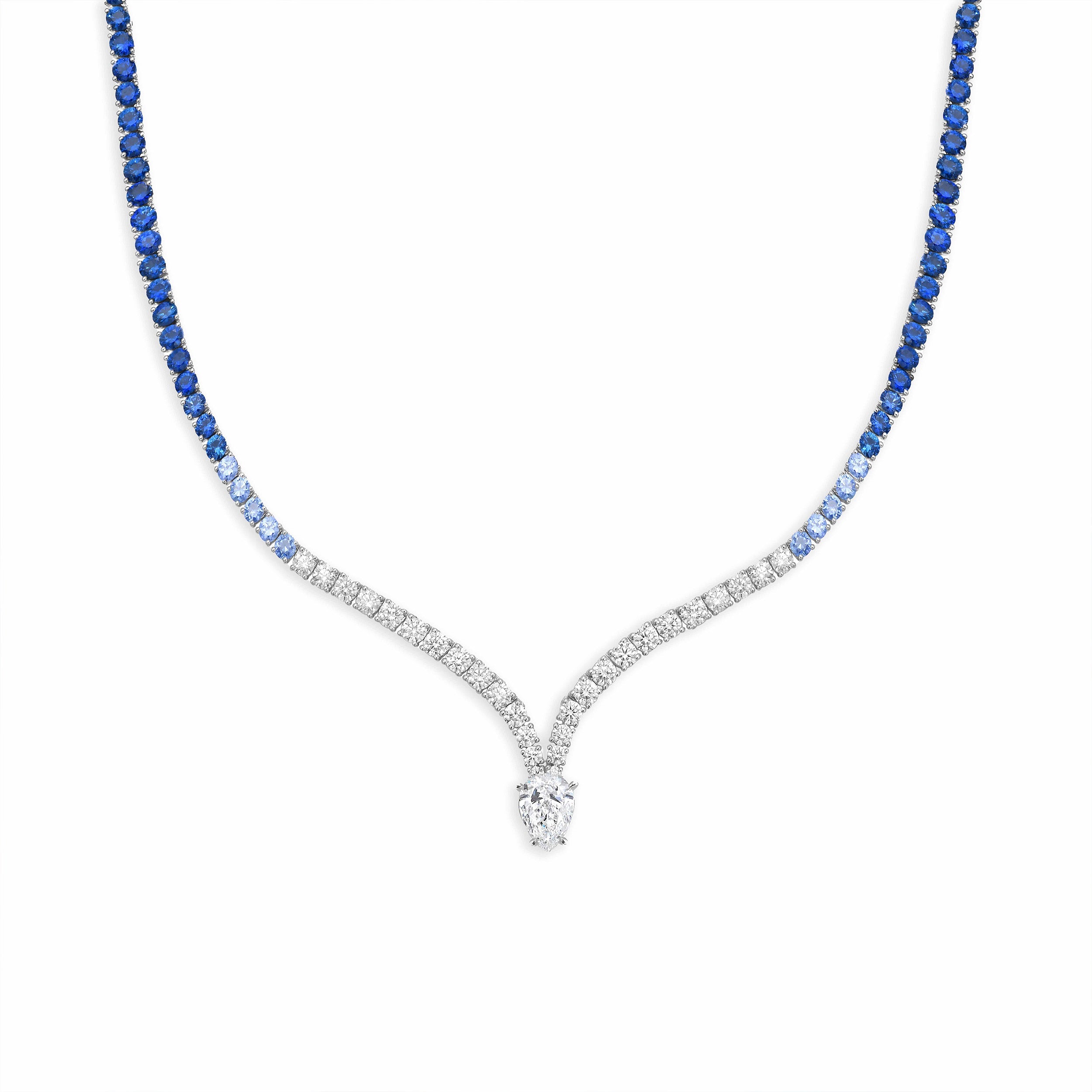 Blue Sapphire Diamond V-Curve Necklace For Women