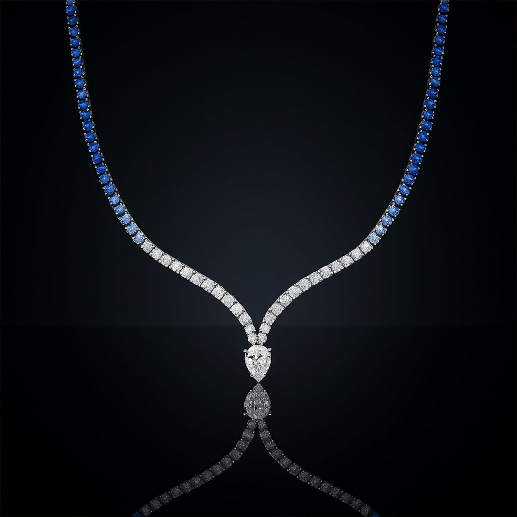 Blue Sapphire Diamond V-Curve Necklace For Women