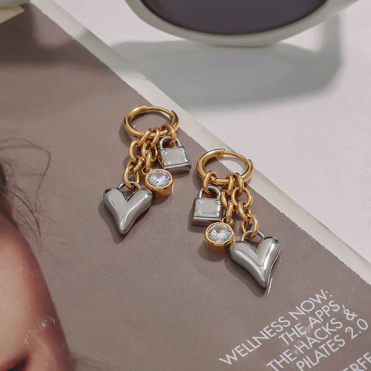 Gold and silver keychain with heart and lock charms  Dangler Earrings 