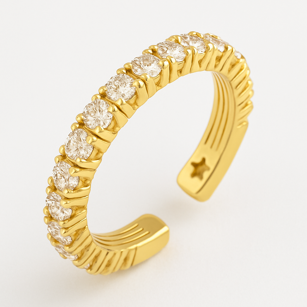 Gold ring with diamond stones on a white background